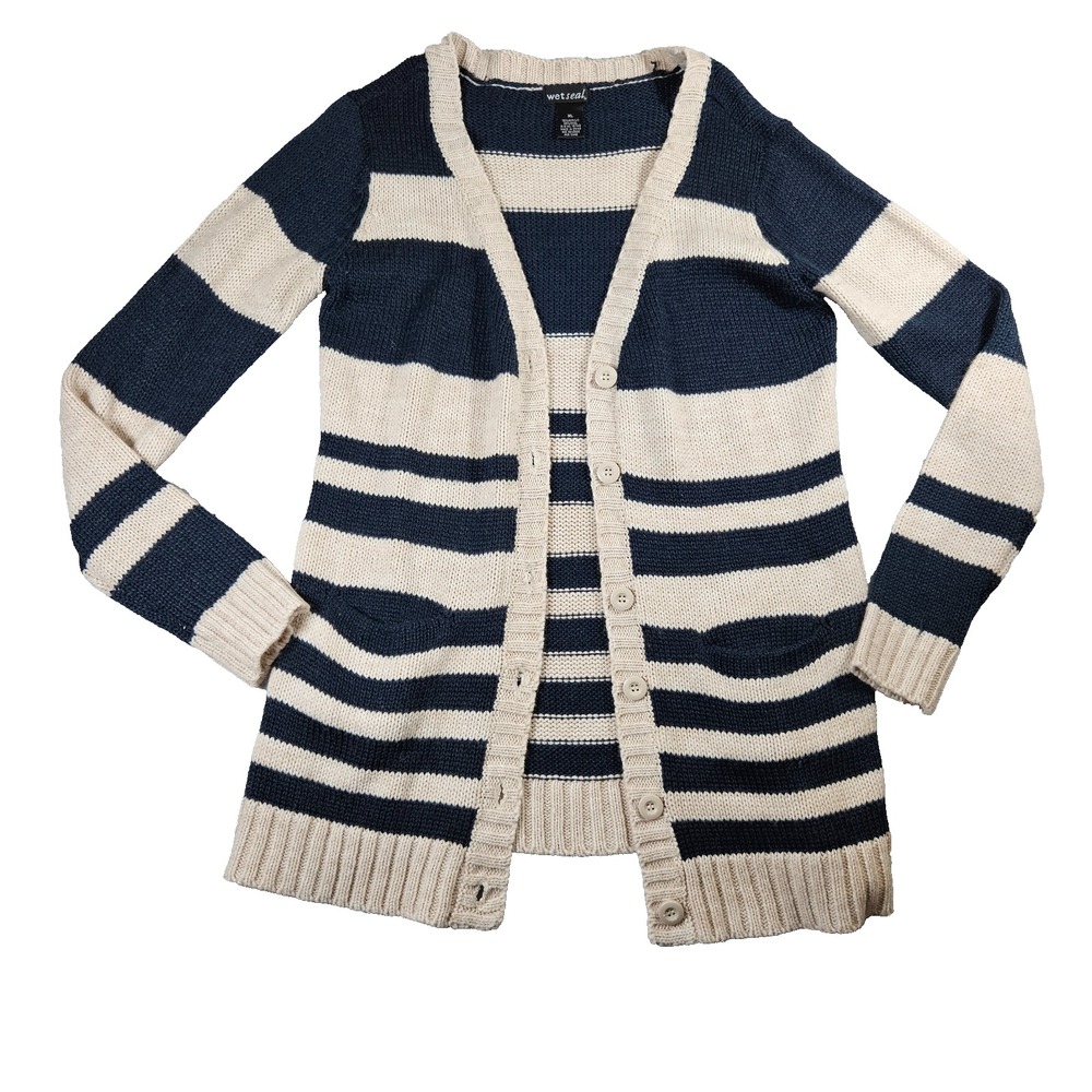Wet Seal Y2k Preppy Navy Blue Striped Wool Blend Knit Cardigan Sweater Sz XL
